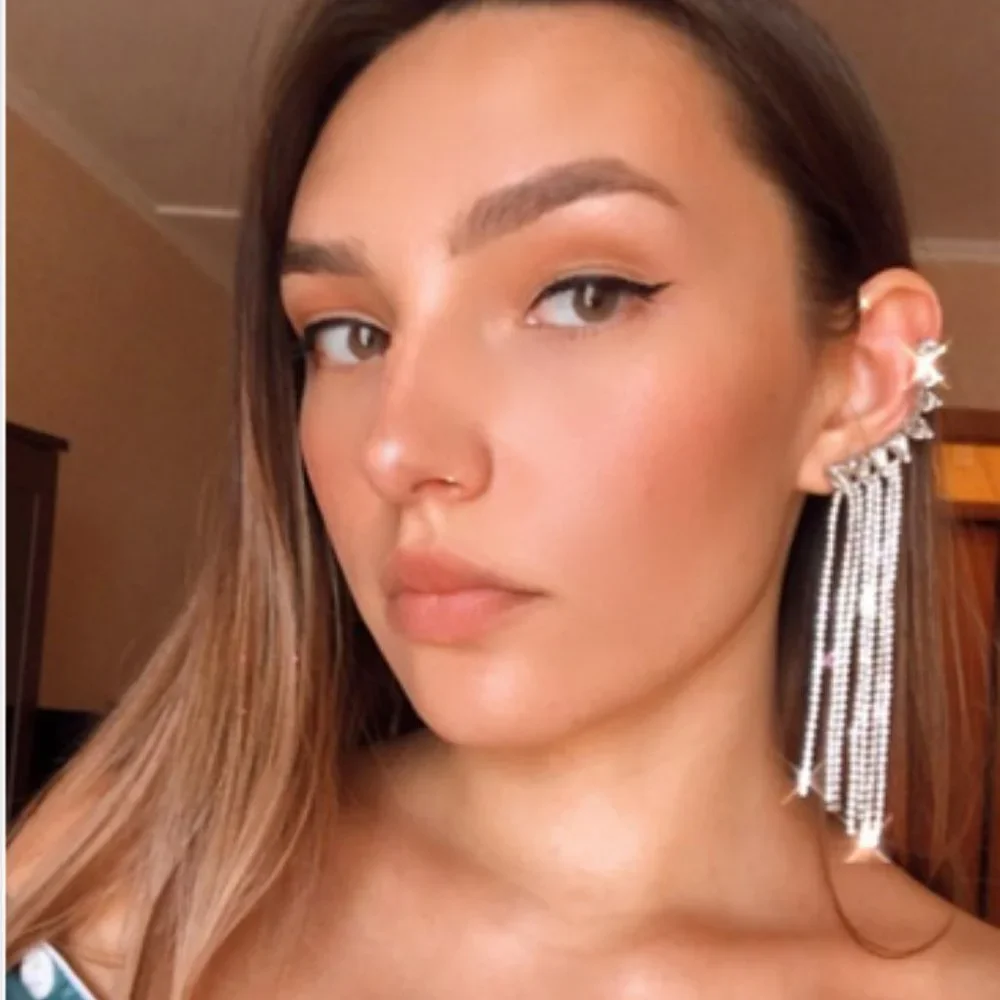 Long Tassel Rhinestone Drop Earrings - Picture 3 of 15